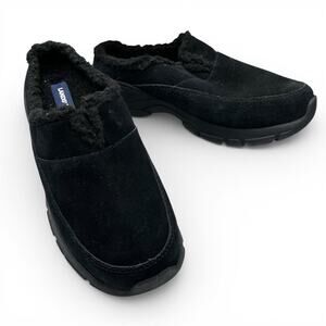Lands’ End Black Suede Clogs 6B Faux Fur Lining Comfort Slippers Mules